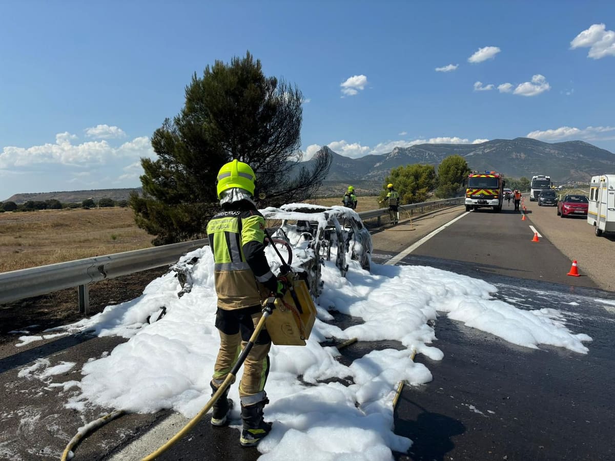 Los bomberos apagan un coche en llamas en la A-23