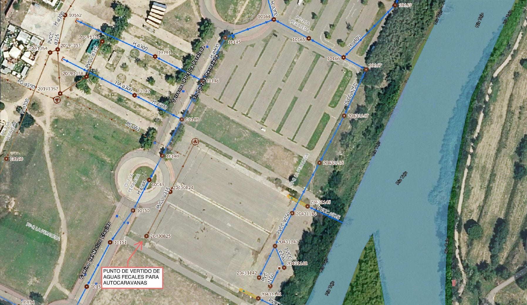 Mapa del punto de vertido para aguas residuales de las autocaravanas en La Peraleda