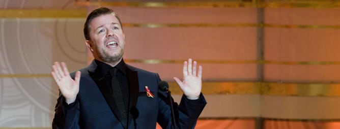 El humorista Ricky Gervais, durante la gala de los Globos de Oro 2011