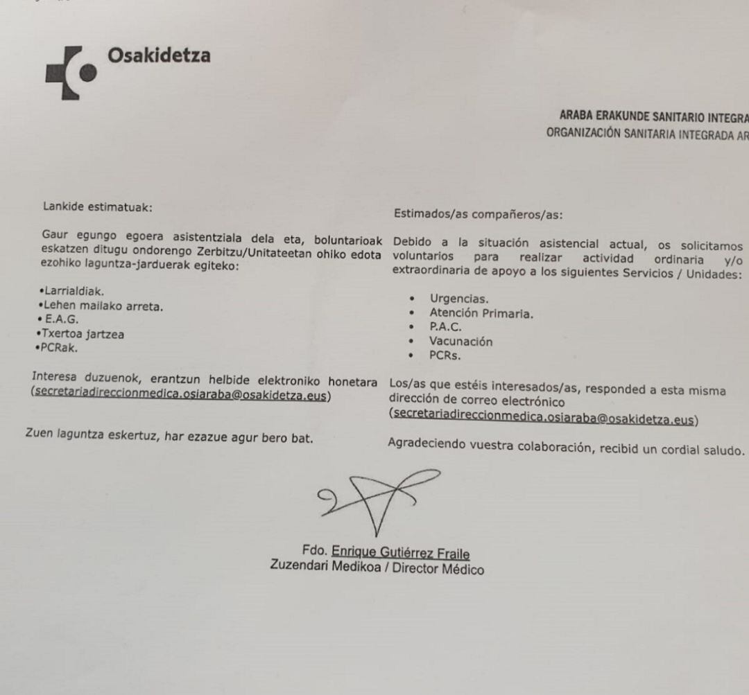 Carta que remite la Dirección Médica de la OSI Araba solicitando médicos voluntarios para cubrir servicios tensionados por la pandemia