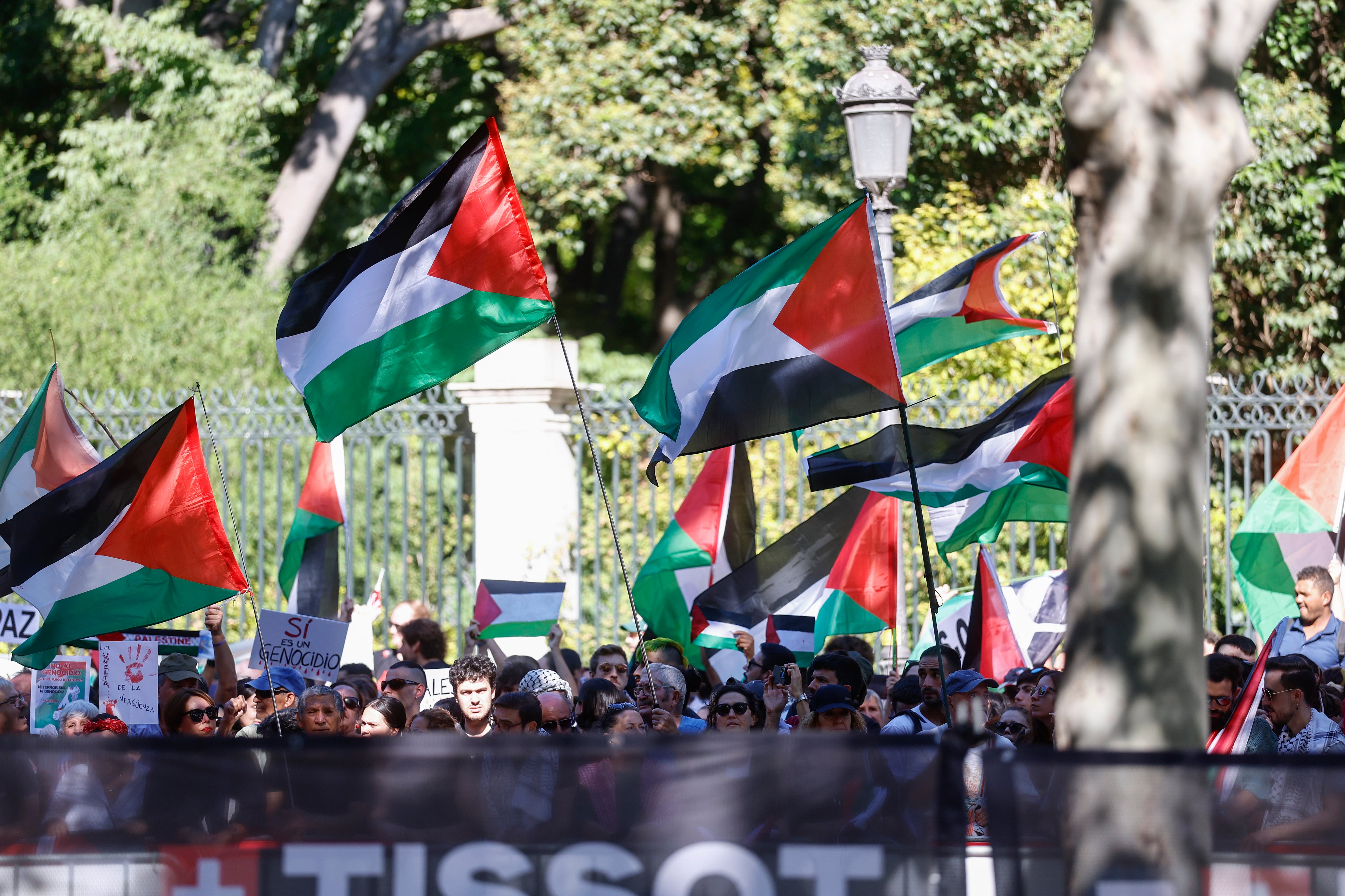 Cientos de personas protestan por la situación de Palestina en el Paseo de la Castellana, durante la última etapa de La Vuelta