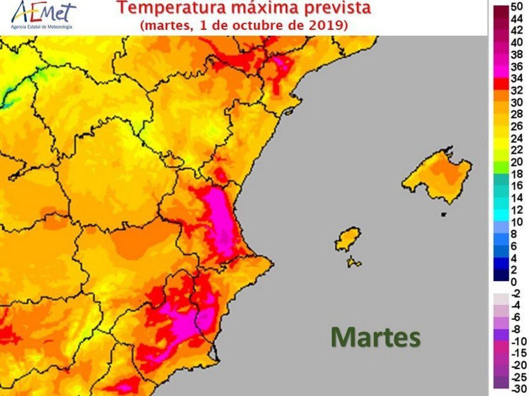 Mapa de Aemet con la previsión de las temperaturas máximas. 