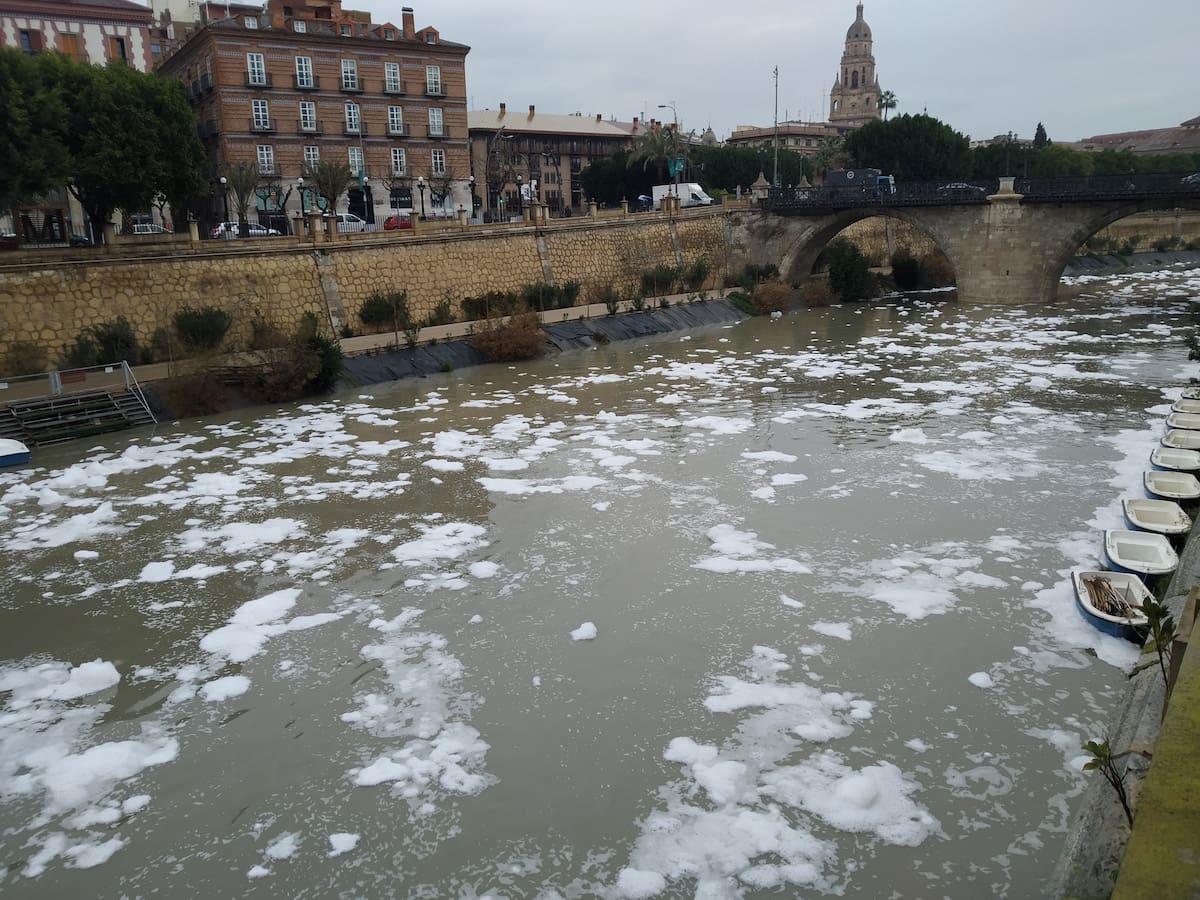 El río Segura aparece lleno de espuma a su paso por Murcia