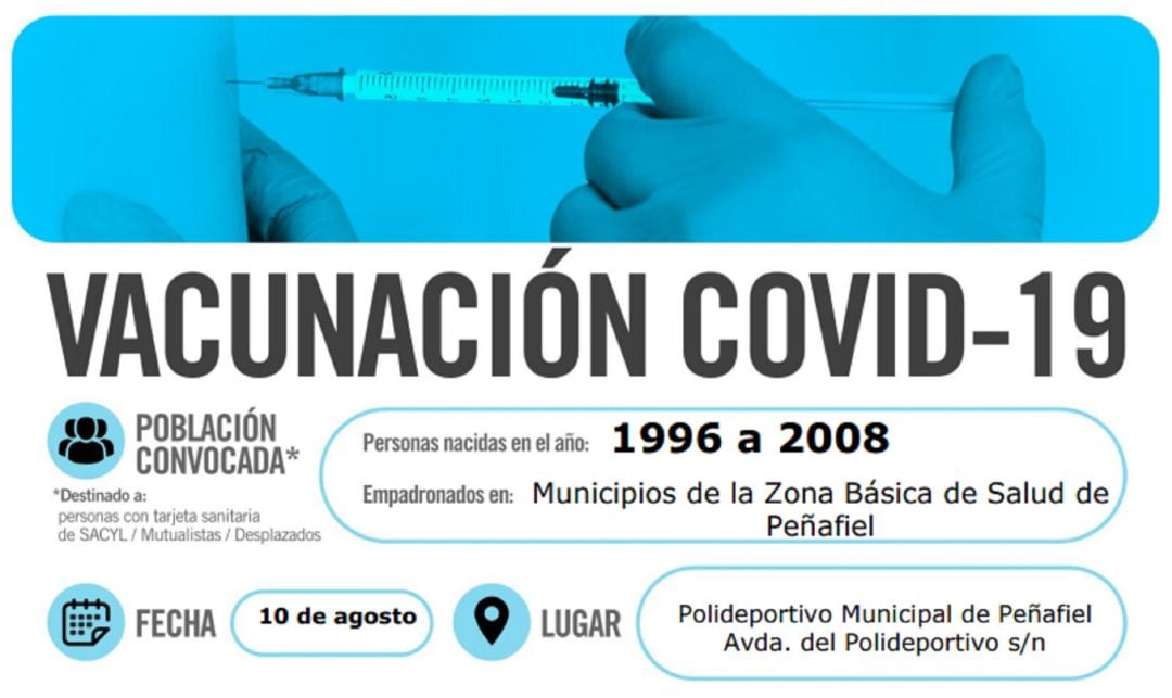 Cartel anunciador de la próximoa jornada de vacunación masiva para el 10 de agosto.