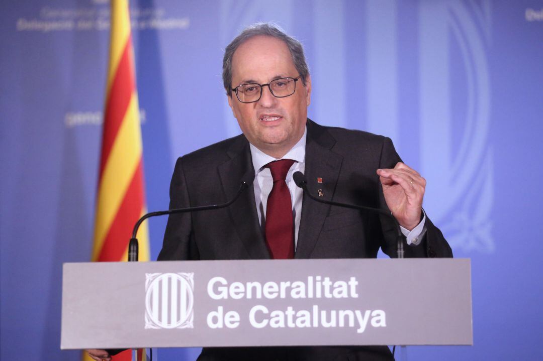 El president del Govern, Quim Torra, durante la declaración institucional en la Delegación en Madrid.