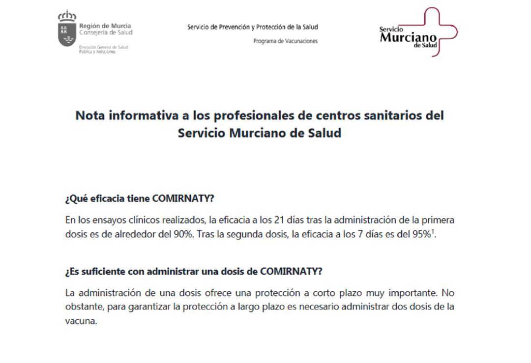 Fragmento de la nota informativa del Servicio murciano de Salud