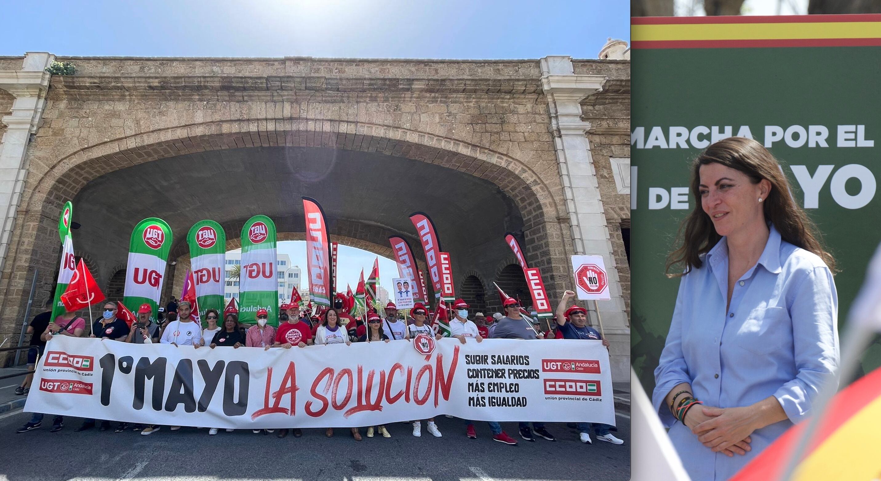 Marcha central del uno de Mayo en Cádiz y la candidata de vox, Maracena Olona