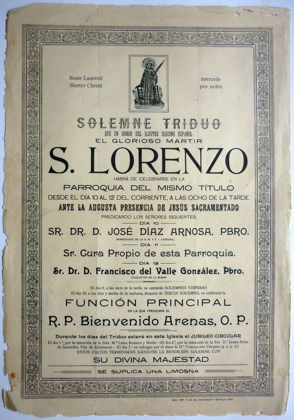 Cartel de cultos dedicado a San Lorenzo en la parroquia sevillana a la que da nombre