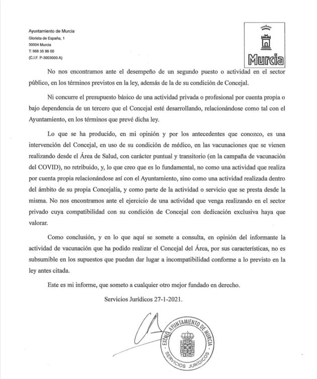 Infome de los Servicios Jurídicos del Ayuntamiento de Murcia referido a la compatibilidad del cargo del concejal Coello con su participación en la campaña de vacunación contra la covid