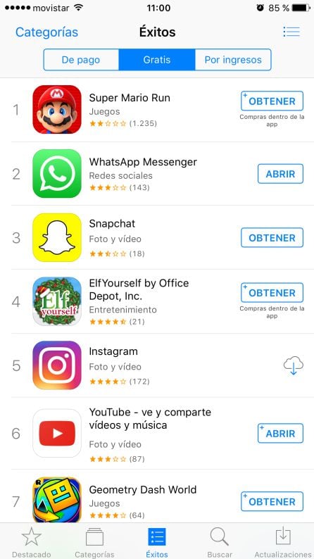 Super Mario Run es líder entre las apps de descarga gratuita de la App Store.