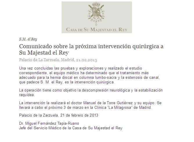 Comunicado sobre la próxima intervención quirúrgica a Su Majestad el Rey