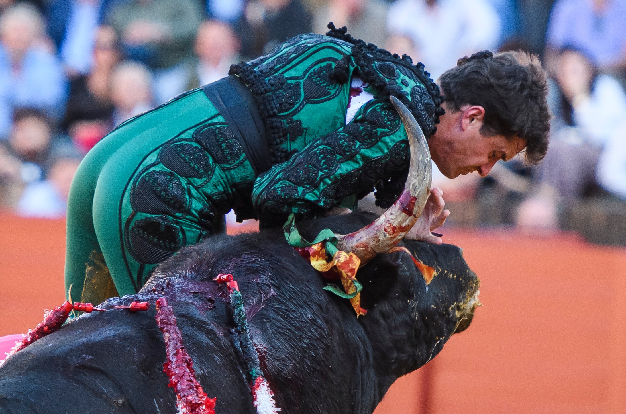 SEVILLA, 28/04/2022.- El diestro Daniel Luque en la lidia al primero de los de su lote, al que ha cortado una oreja, durante la corrida de la Feria de Abril celebrada este jueves en la plaza de toros de La Maestranza, en Sevilla. EFE/Raúl Caro
