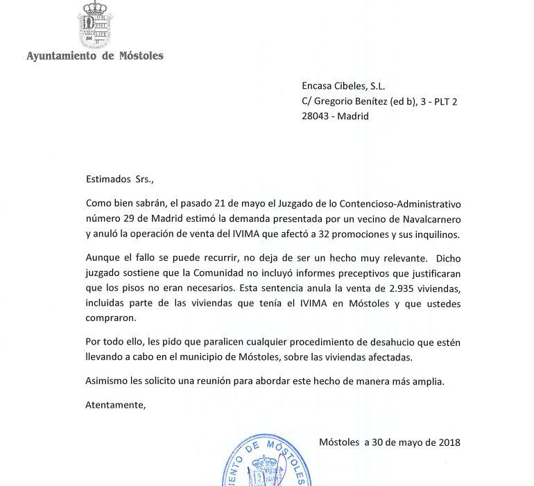 Carta del Ayuntamiento de Móstoles al fondo buitre Encasa Cibeles