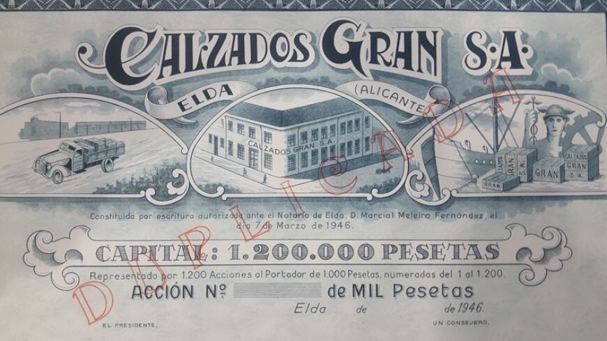 Copia de la participación accionarial de la empresa, en la que figura la fachada de la fábrica y alegorías al movimiento mercantil.