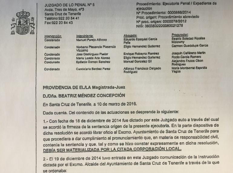 Providencia del Juzgado de lo Penal Número 5 enviada al Ayuntamiento. 