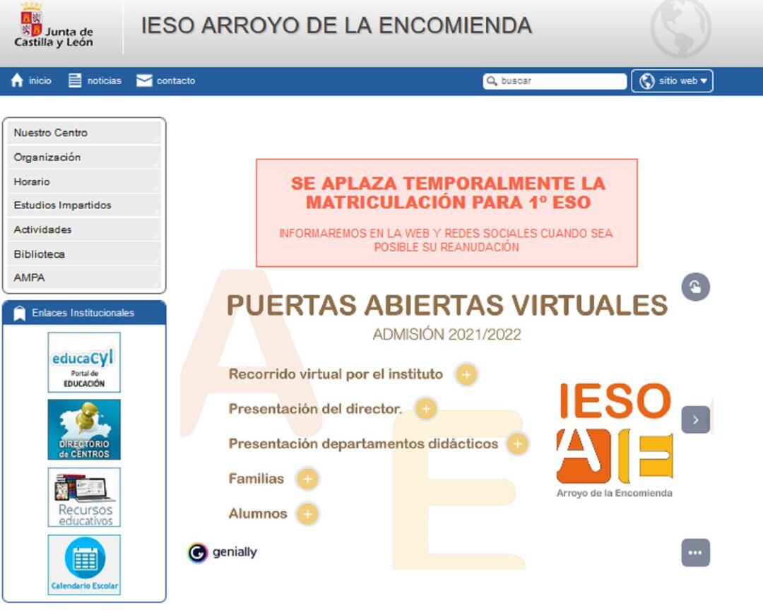 Mensaje en el portal web del IES Arroyo
