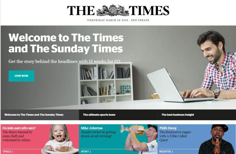 Portada de la página web de &#039;The Times&#039;