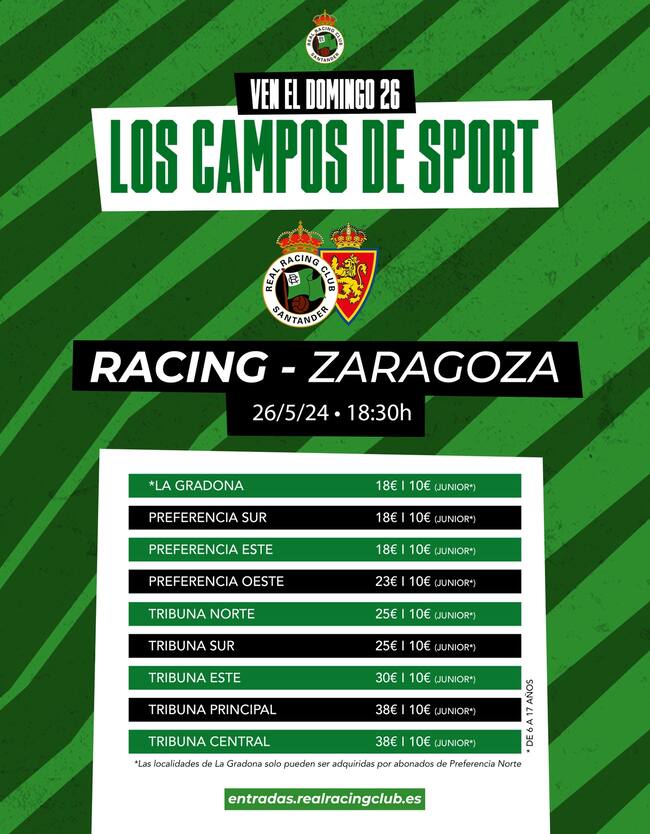 Tabla de precios de entradas del partido de la campaña pasada entre Racing y Zaragoza