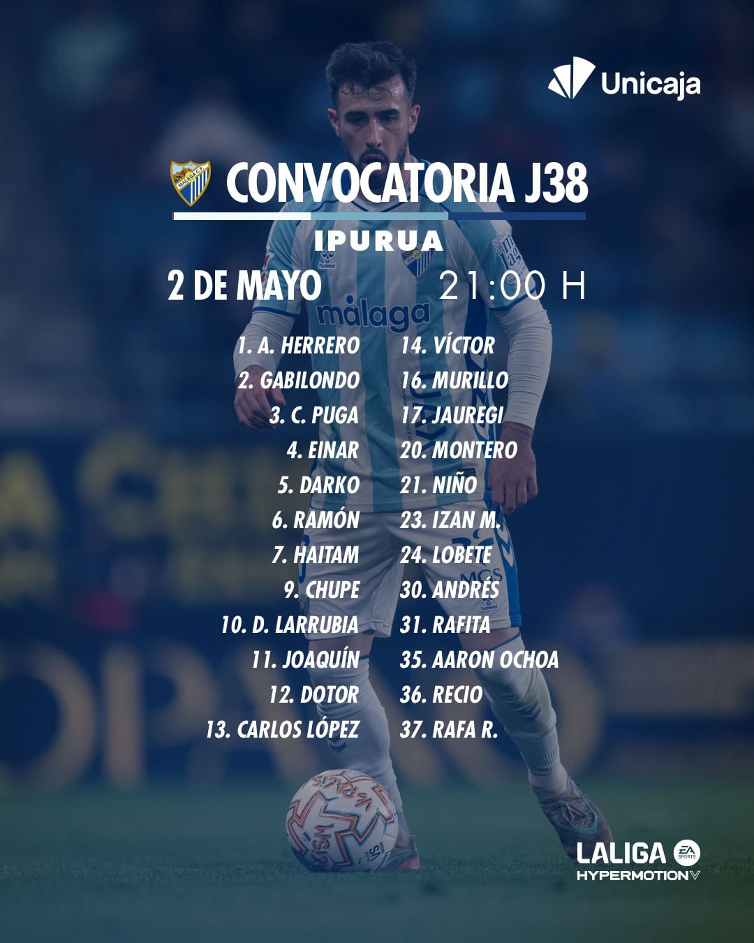 La convocatoria del Málaga para el partido de este sábado ante el Eibar