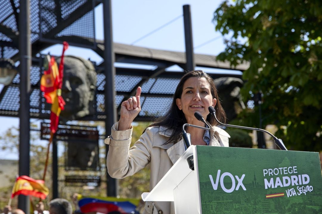 La candidata de Vox a la Presidencia de la Comunidad de Madrid, Rocío Monasterio, durante el acto de inicio de campaña del partido, a 18 de abril de 2021, en Móstoles, Madrid (España)