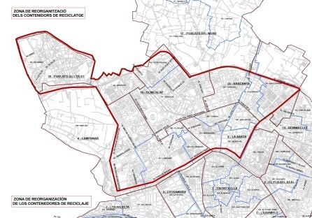 Mapa de la reorganización de los contenedores de reciclaje en los barrios del Norte de la ciudad de València.