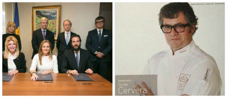 Guillermo Cervera a la derecha y en la imagen de la izquerda, tras Borja Thyssen y la baronesa Carmen Cervera en la firma de los estatutos de la Fundación Museo Andorra