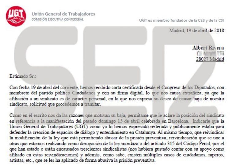 La carta de UGT a Albert Rivera.