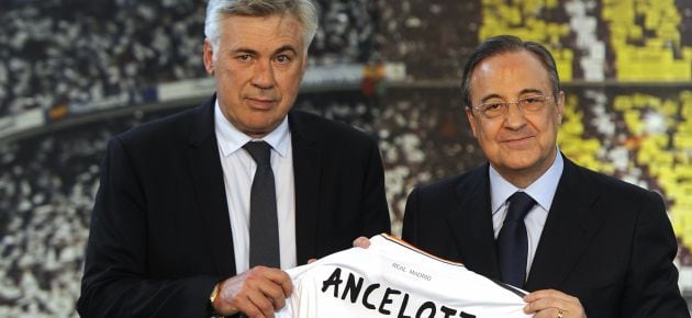 Ancelotti, junto a Florentino el día de la presentación del italiano como nuevo entrenador del Real Madrid