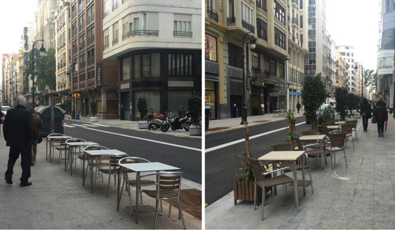 Dos de las terrazas en las recién ampliadas aceras de la calle San Vicente