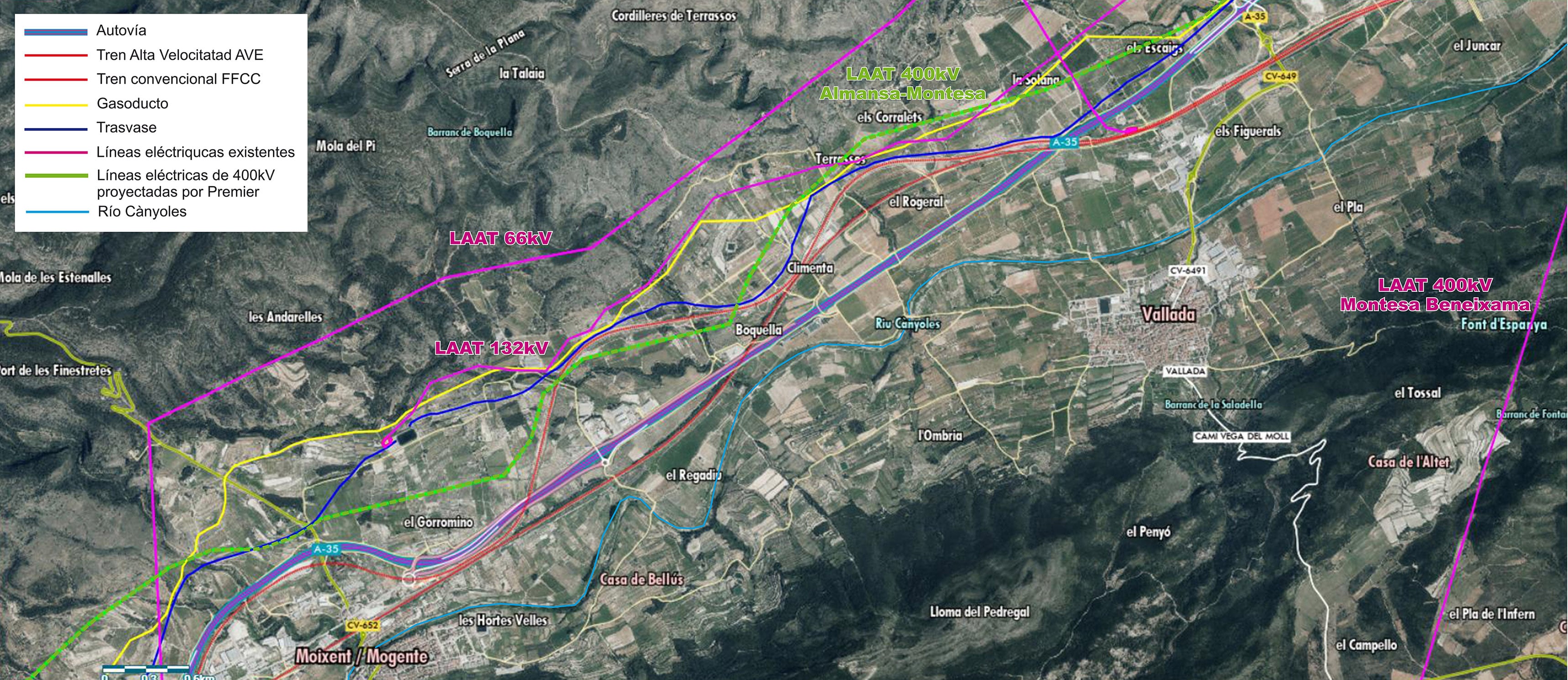 Mapa de infraestructuras en la comarca de La Costera