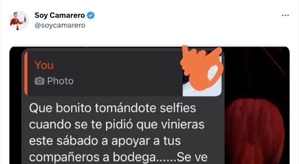 El tweet de @SoyCamarero que recoge el mensaje que le envió un hostelero a uno de sus trabajadores por no acudir un día extra sin cobrar