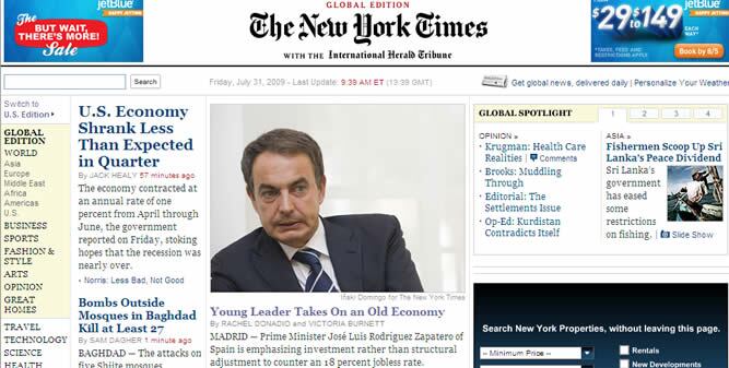 Zapatero, en la portada de &#039;The New York Times&#039;