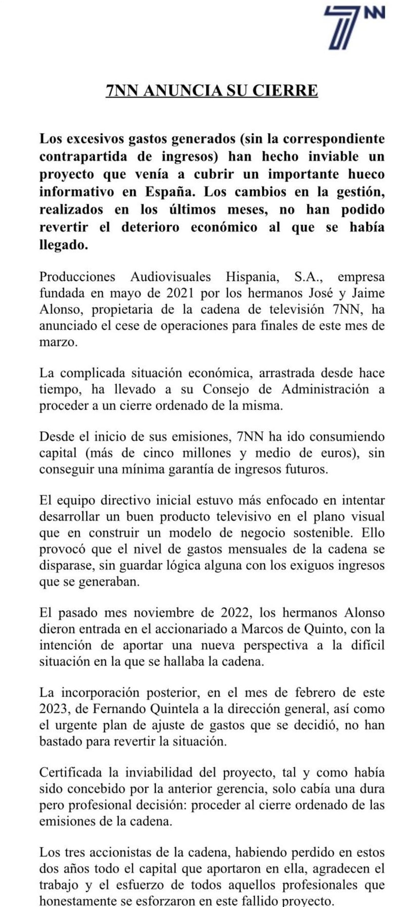 El comunicado enviado desde la dirección de 7NN para anunciar el cierre a sus trabajadores