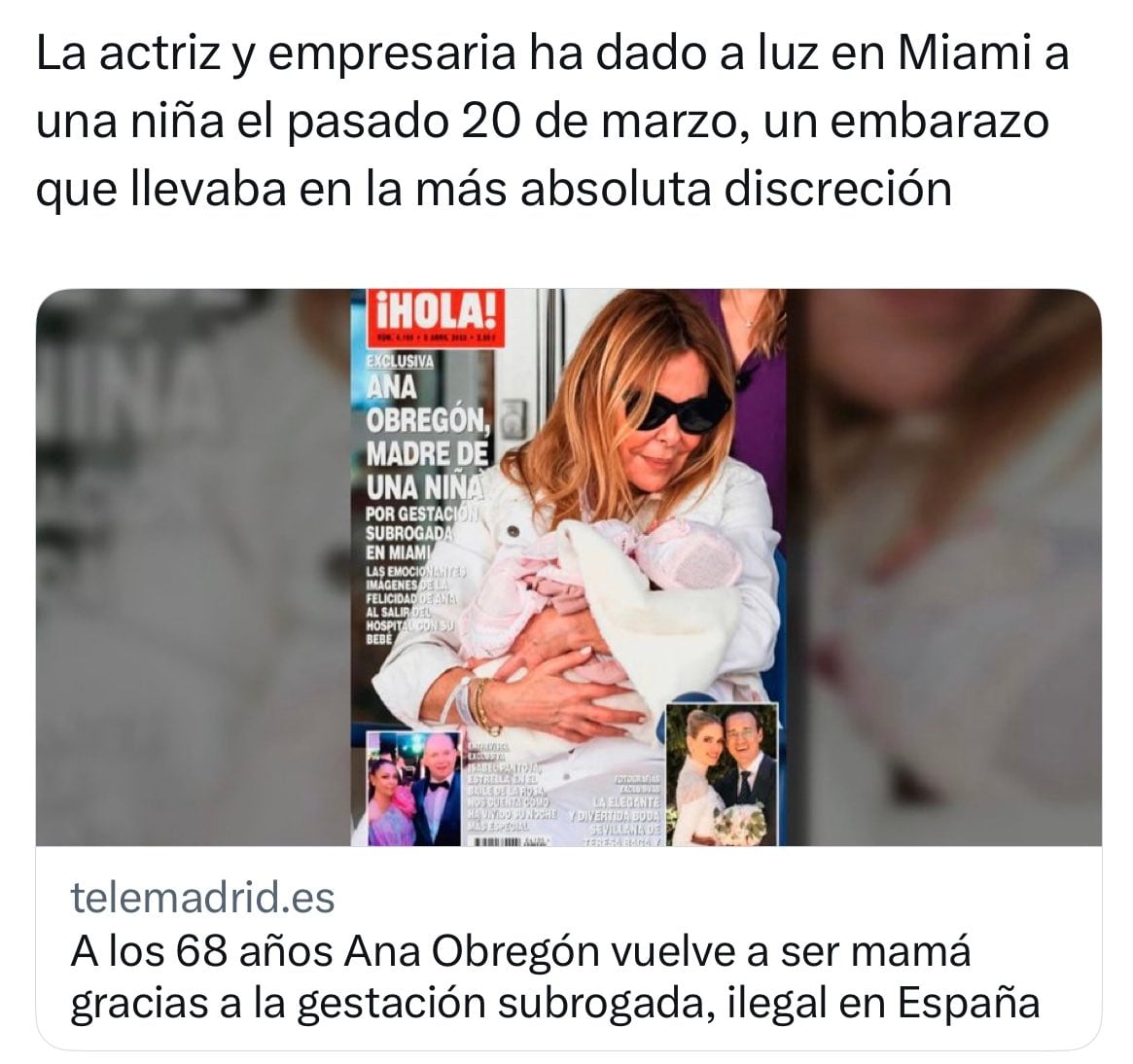 Telemadrid borra un tuit en el que asegura que Ana Obregon ha dado a luz.