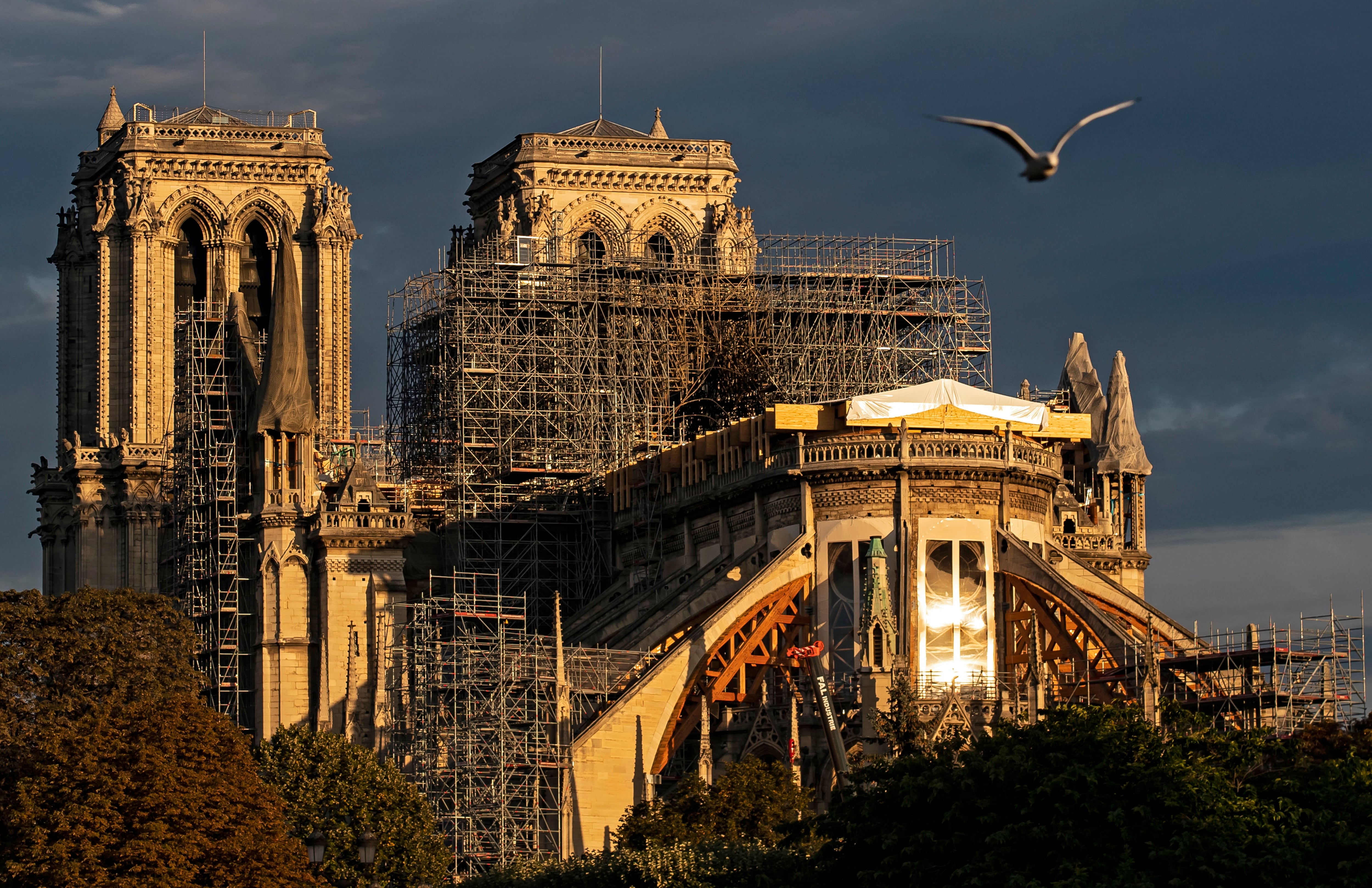 Fotografía de archivo tomada el 16 de septiembre de 2019 que muestra la catedral de Notre Dame cubierta de andamios tras el incendio que la devastó unos meses antes. EFE/ Ian Langsdon