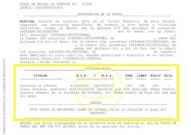 Nota simple del Registro de inmatriculación de la finca del Beaterio.