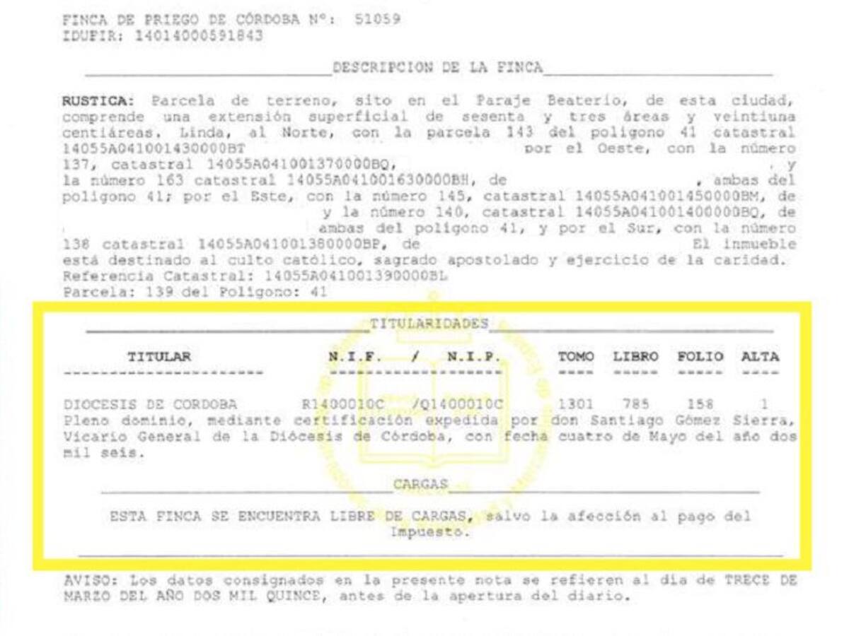 La iglesia registró una finca de más de 6000 metros en Priego de Córdoba