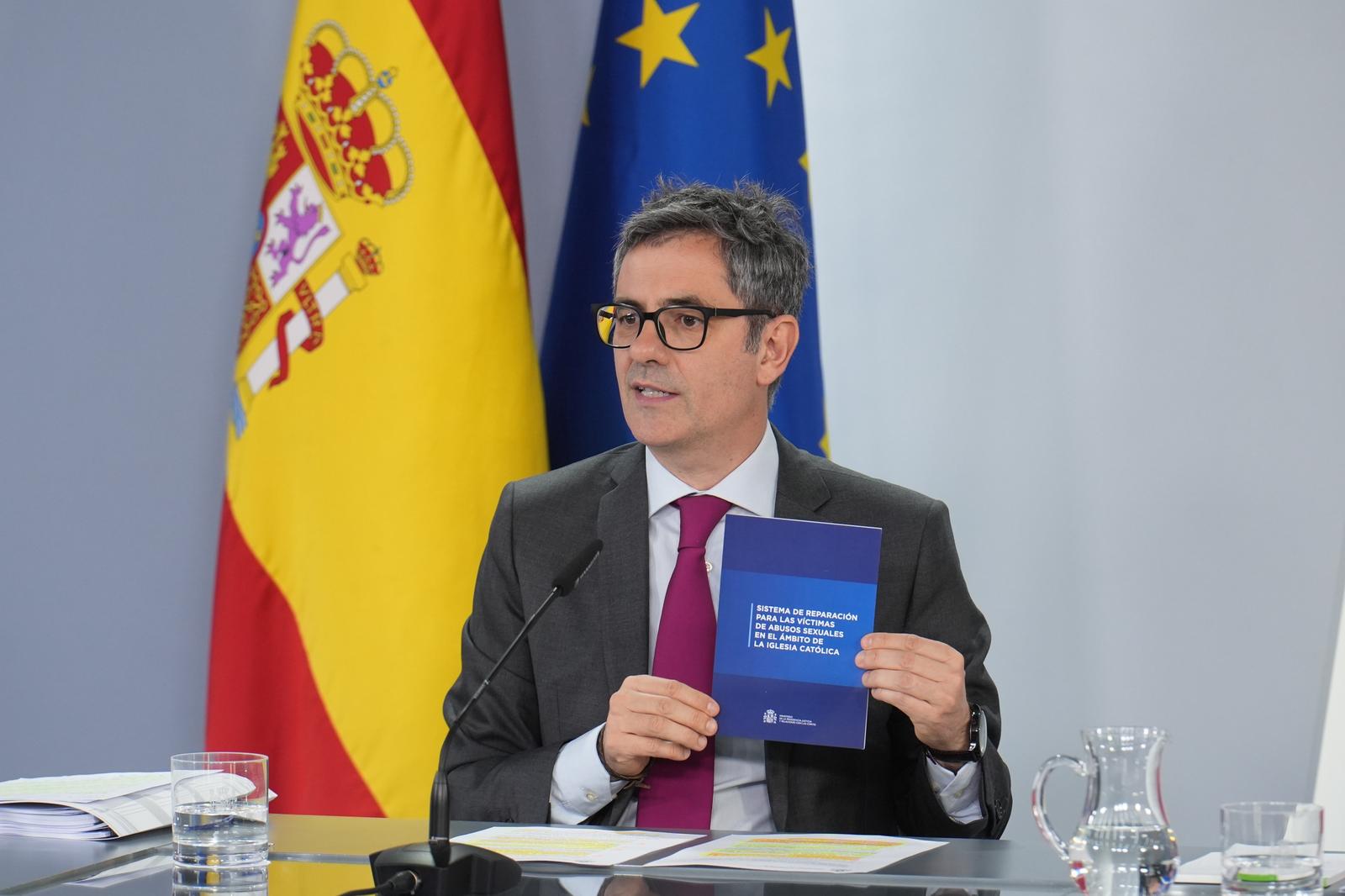 El ministro de Presidencia, Justicia y Relaciones con las Cortes, Félix Bolaños, anuncia la creación de la oficina que tramitará las solicitudes de reparación de las víctimas de abusos sexuales en el ámbito de la Iglesia.