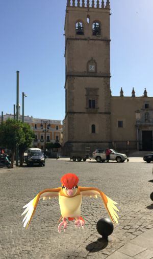 Un pokemon de tipo volador junto a la catedral