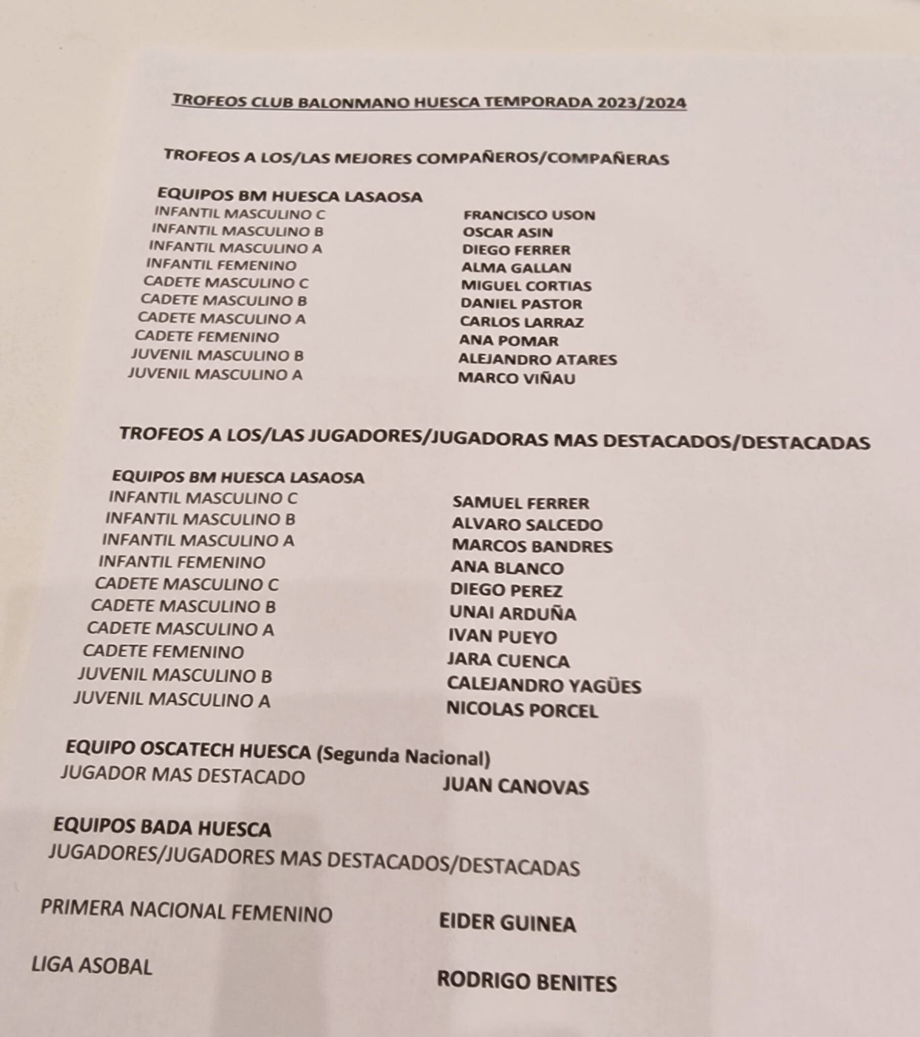 Listado de premiados en la cena del BM Huesca