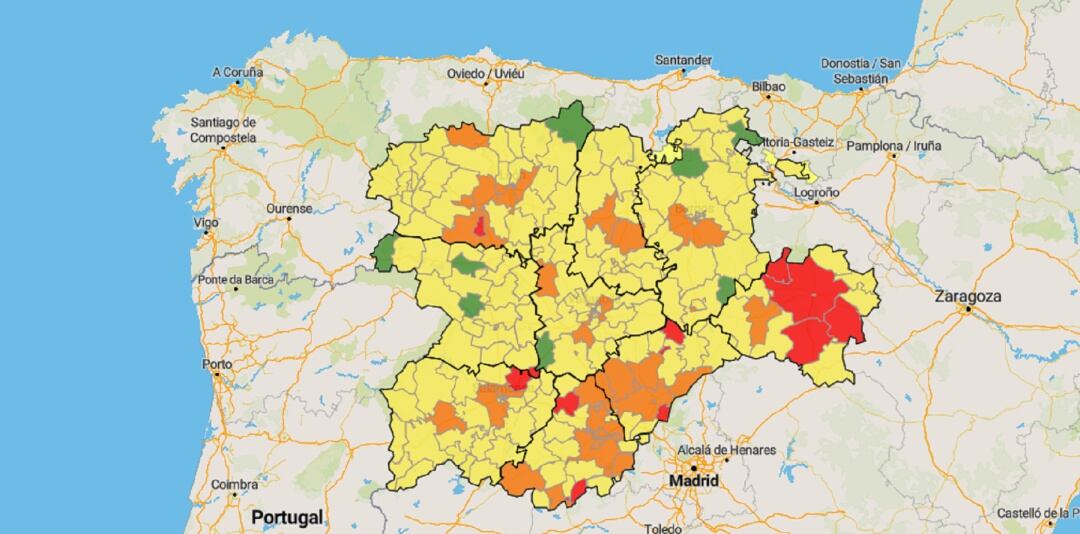 Zonas básicas de Salud de Castilla y León. En verde las zonas sin casos de coronavirus en los últimos 14 días