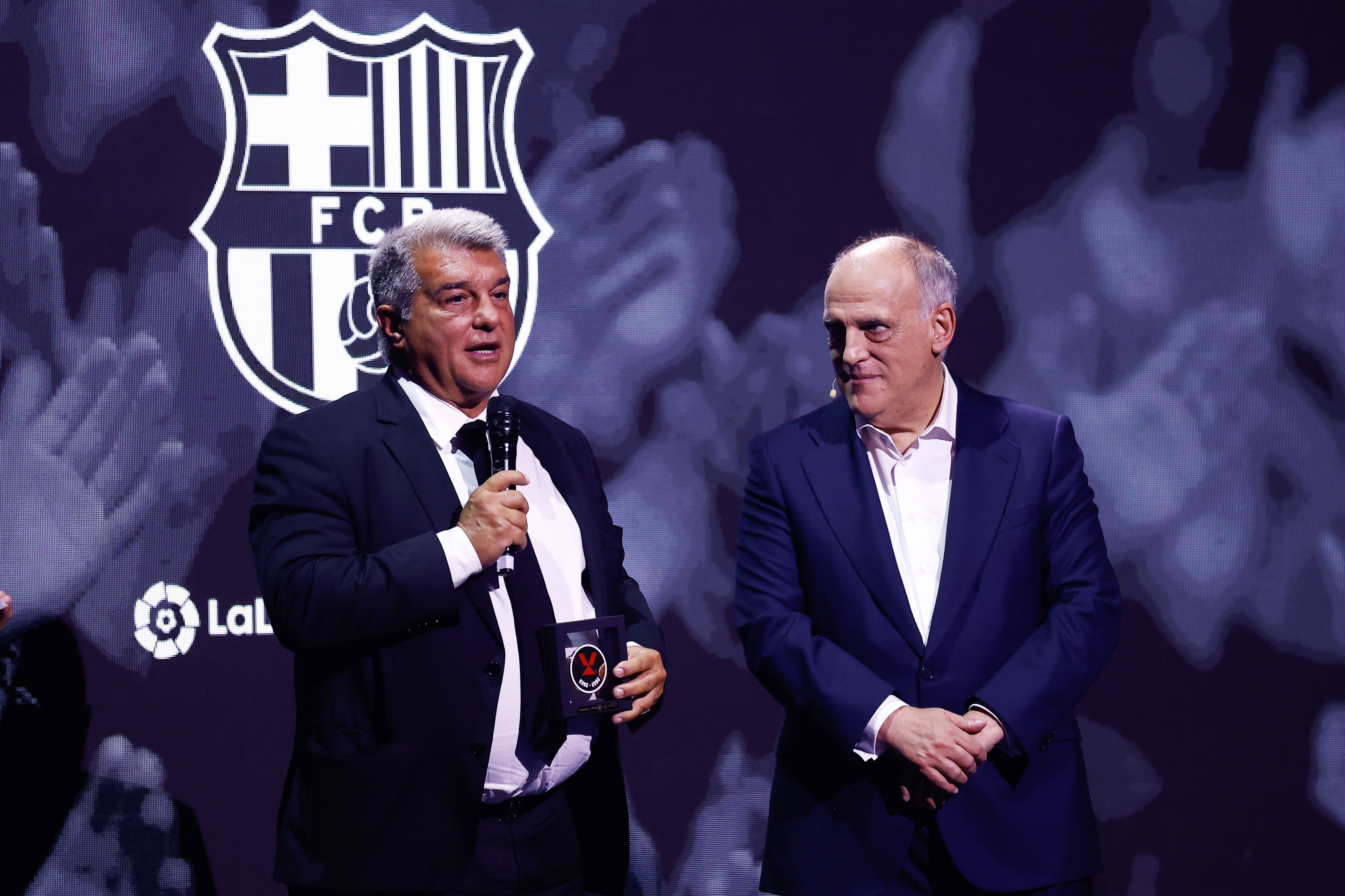 MADRID, SPAIN - JULY 03: Joan Laporta and Javier Teabas attends during the presentation of the mark of the new LaLiga EA Sports for the next season 2023/24 celebrated at Netflix studios on July 3, 2023, in Madrid, Spain. (Photo By Oscar J. Barroso/Europa Press via Getty Images)