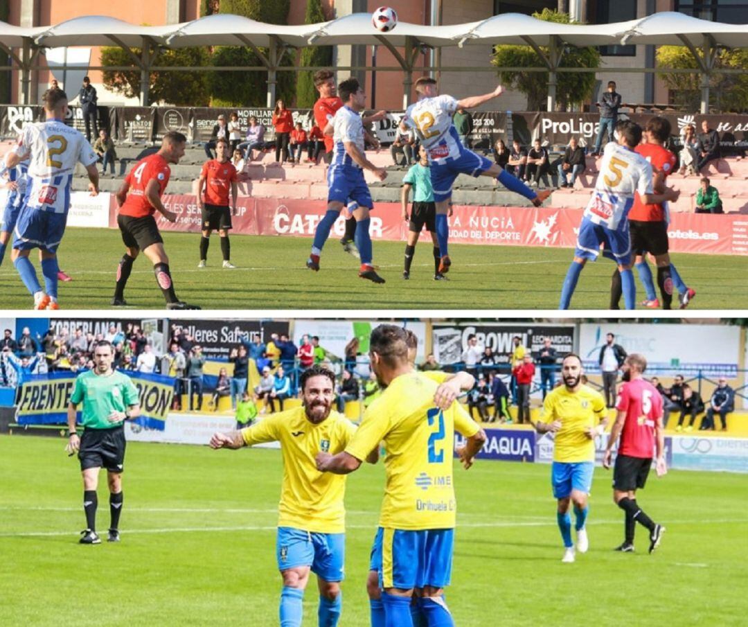 Imagen de la victoria del Crevillente por 1-3 ante La Nucía -arriba-. Instantánea del triunfo (2-0) del Orihuela ante los nucieros.