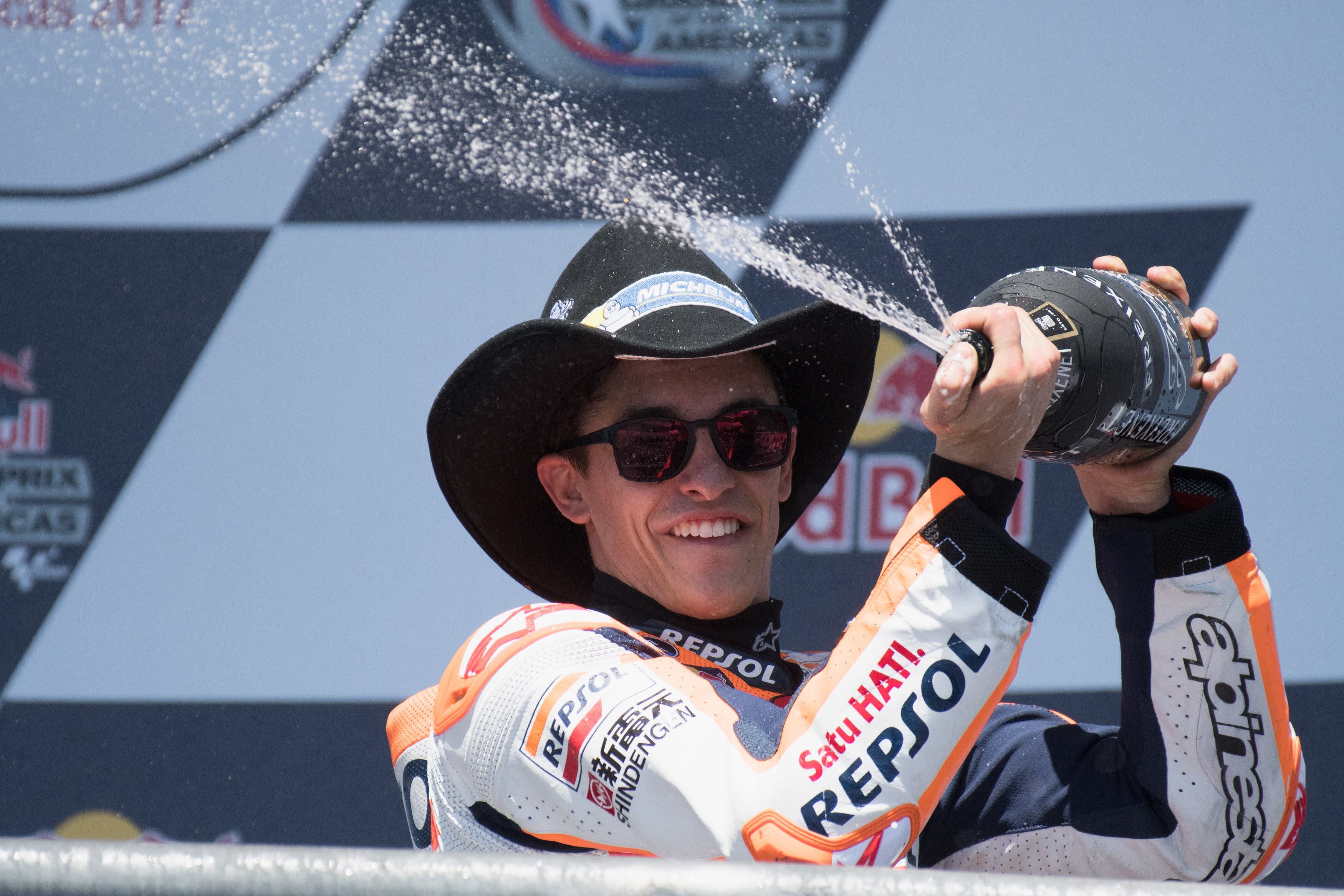 Márquez celebra su victoria en Austin en 2017. Ha ganado en siete ocasiones en el GP de las Américas