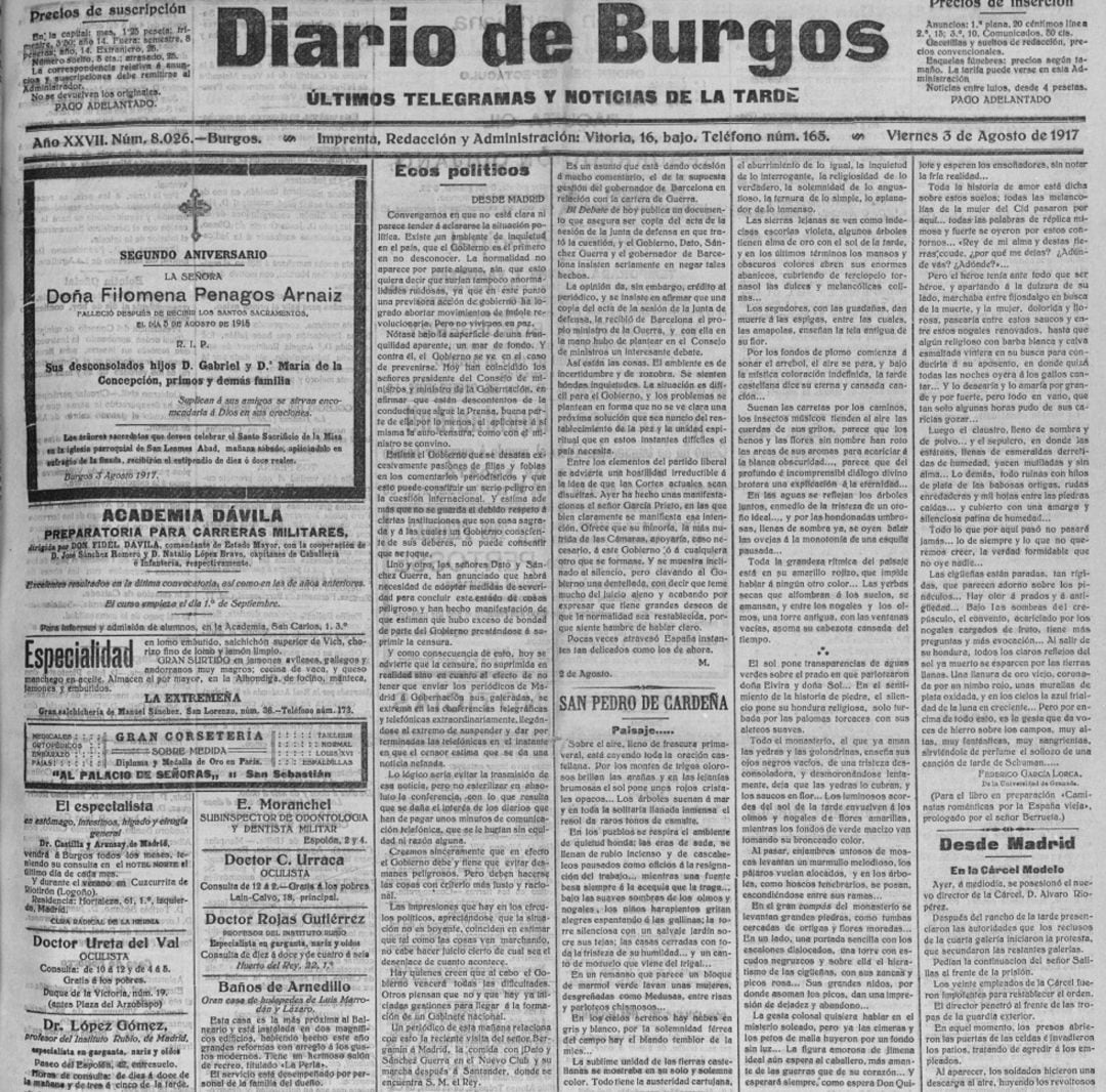 Uno de los artículos publicados por García Lorca en 1917 en Diario de Burgos