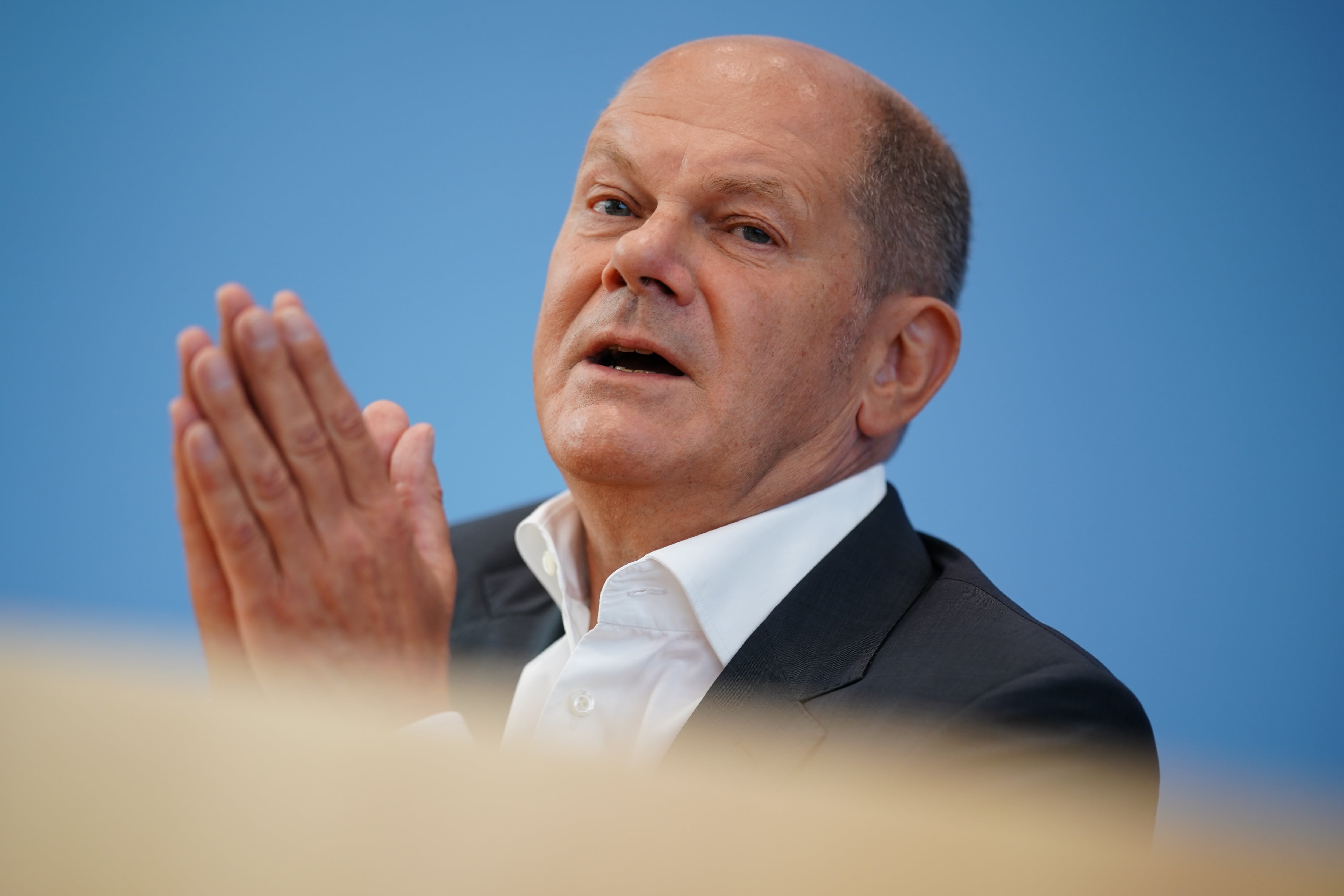 Olaf Scholz, durante la rueda de prensa que ha ofrecido este jueves.