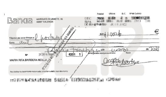 Cheque al portador por valor de 1.000 euros firmado por Rita Barberá en marzo de 2015