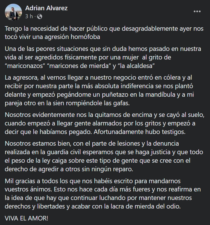 Adrián Álvarez (alcalde de Fuenterrobles) denuncia en redes sociales la agresión homófoba