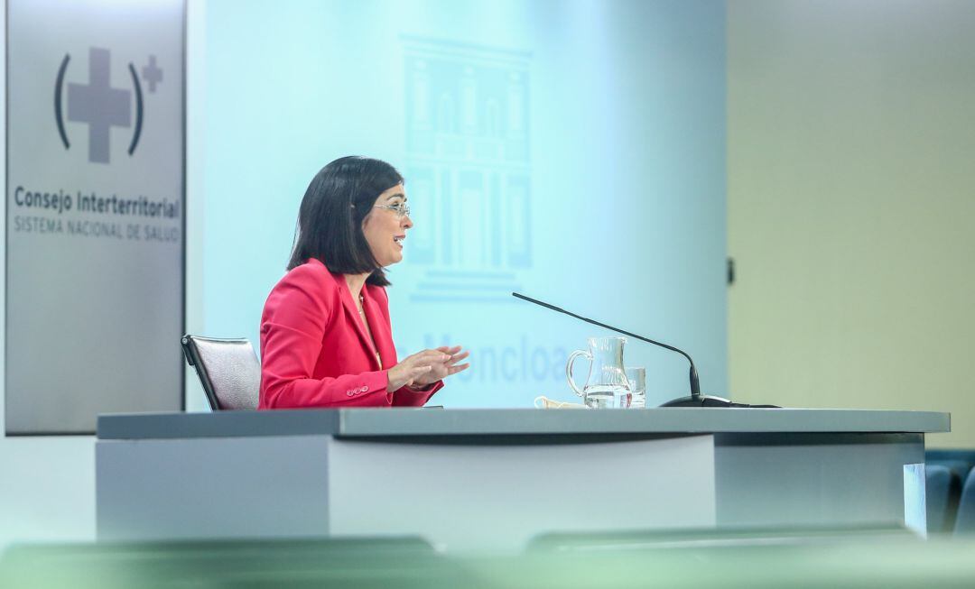 La ministra de Sanidad, Carolina Darias, durante la rueda de prensa posterior al Consejo Interterritorial del Sistema Nacional de Salud.