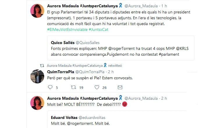 Twitter ha reflectit l'empipament d'alguns diputats de Junts per Catalunya amb Roger Torrent